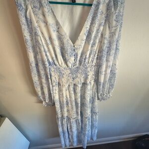 Lucy Paris White and Blue Floral Long Sleeve Dress
